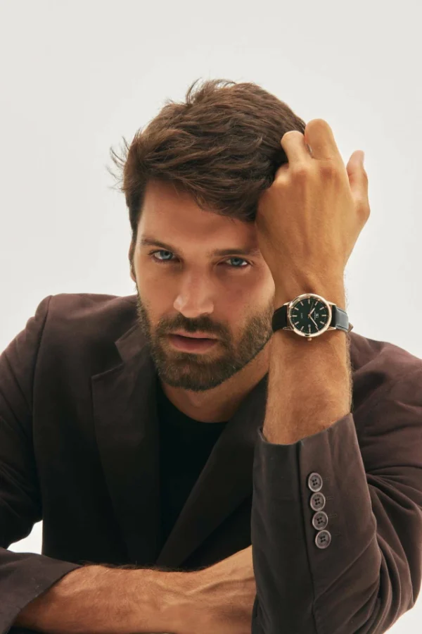 RELOGIO MASCULINO BELMONT DATE ROSE GOLD COURO PRETO COM FUNDO VERDE ESMERALDA - Image 2