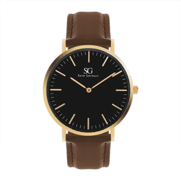 RELOGIO MASCULINO BRONX BLACK GOLD PULSEIRA DE COURO MARROM CAIXA DOURADA FUNDO PRETO
