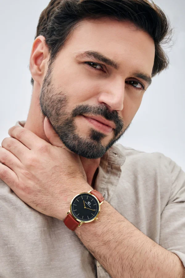 RELOGIO MASCULINO BRONX BLACK GOLD PULSEIRA DE COURO MARROM CAIXA DOURADA FUNDO PRETO - Image 2